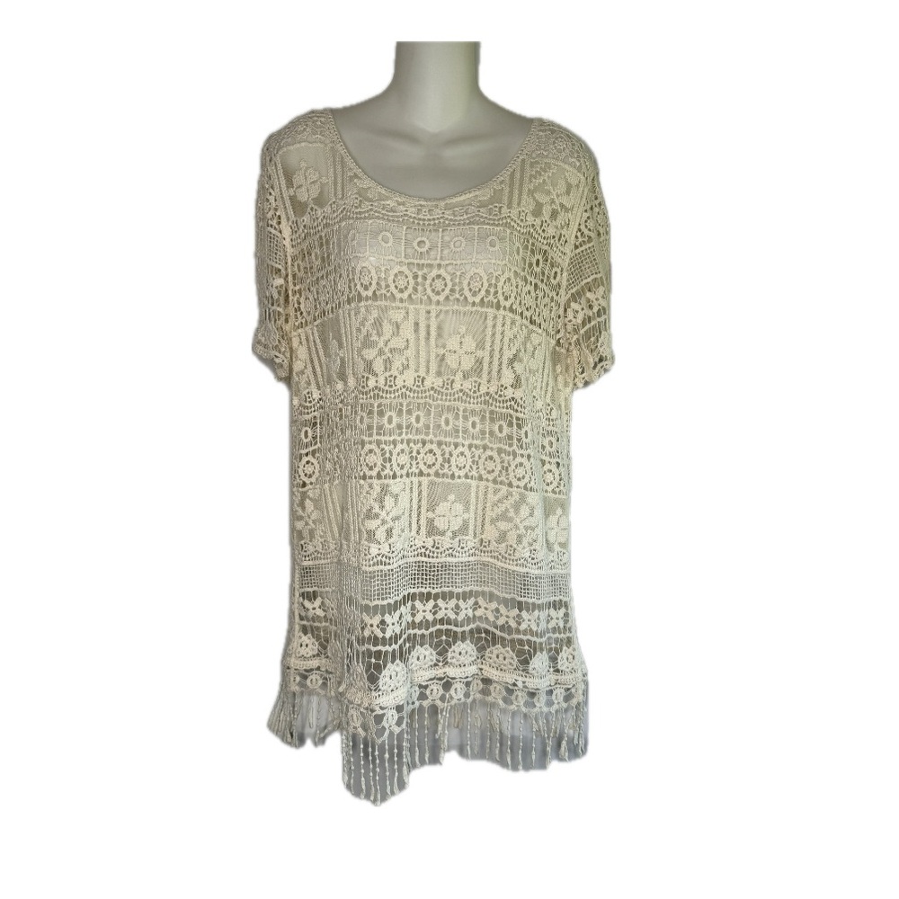 2/$25💥 Kaktus Like New Boutique Crochet Lace Fringe Tunic Top Sz M Bin S